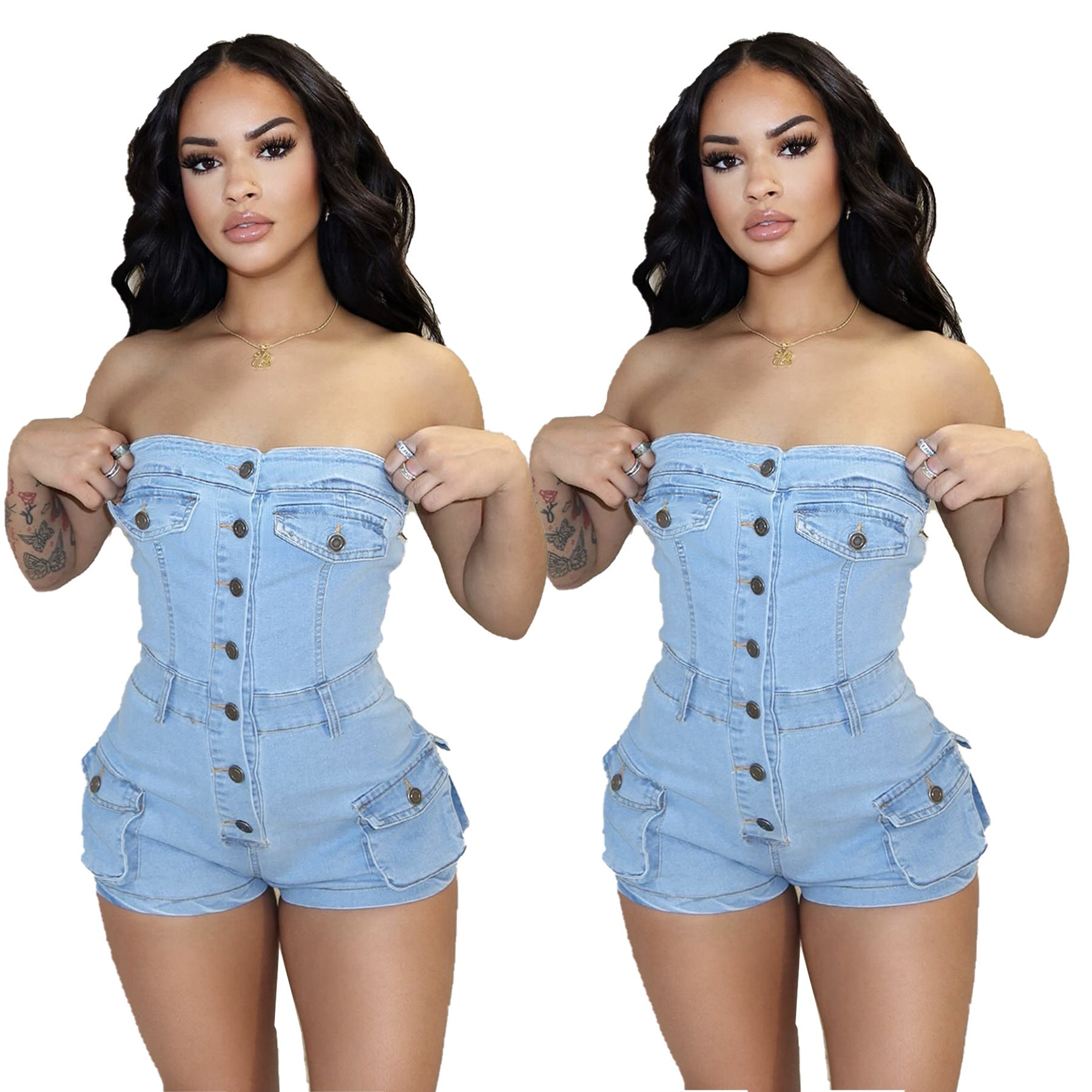 Denim Tube Top Jumpsuit – Stretch Jeans-Overall für Damen